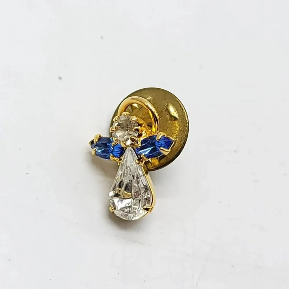 Gold Tone Clear Blue Glass Angel Halo Pin Brooch